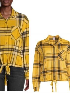 Tie-Front Knit  Plaid  Flannel Shirt Size Medium